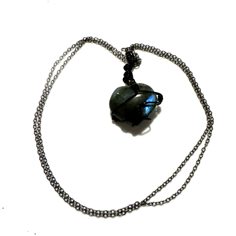 Labradorite Heart Necklace Jewelry Bling Genuine Stone Black Blue Handmade 24"